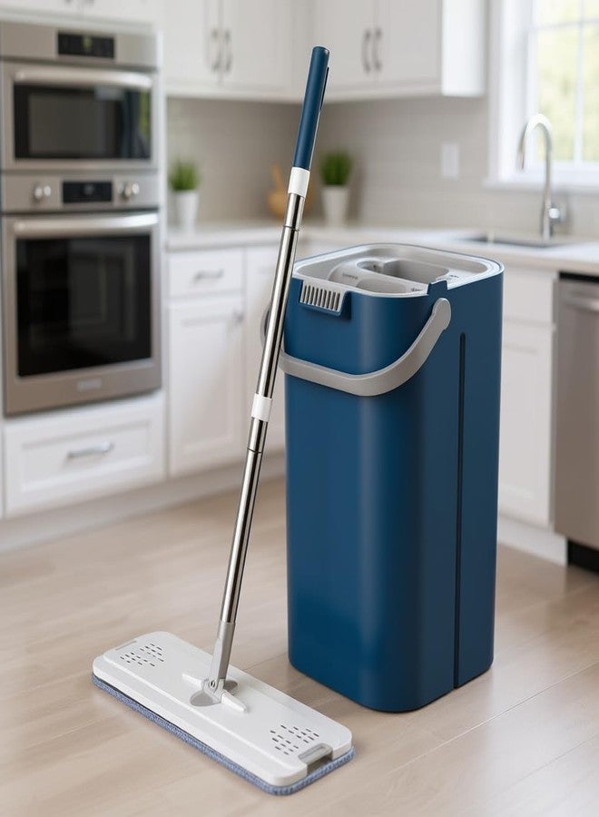 ممسحة مسطحة سهلة الاستخدام بدون استخدام اليدين، برأس قطني ماص، وقضيب مزدوج من الفولاذ المقاوم للصدأ، ونظام تنظيف أرضيات سهل السحب، تتضمن حلقة ممسحة وقطعة قماش. مثالية للاستخدام المنزلي أو التجاري. - Image 4